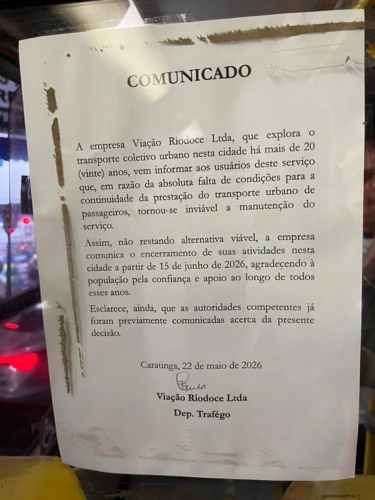 Viação Rio Doce anuncia fim do transporte coletivo urbano em Caratinga após mais de 20 anos